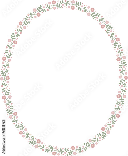Ditsy floral vertical oval frame template with small flowers, vector isolated, spring illustration.
