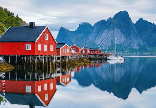 Red Norwegian Fishing Village on Stilts Reflected in Calm Fjord With Mountain Backdrop
