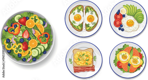 Flat vector lay illustration of healthy breakfast and brunch plates featuring avocado toast with eggs, fruit salad, scrambled eggs with bacon, and smoked salmon.