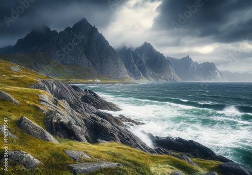 Dramatic Nordic Coastal Landscape with Rugged Mountains and Stormy Sea