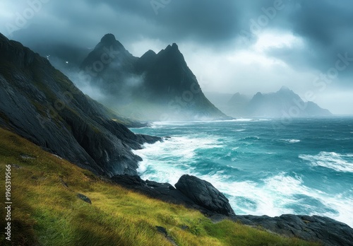 Dramatic Stormy Coastline With Jagged Mountains and Turquoise Ocean Waves