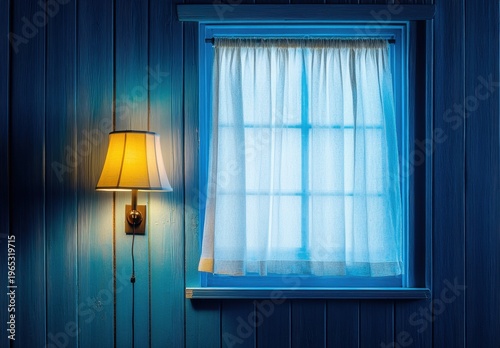 Cozy Blue Room Interior With Glowing Wall Sconce and Sheer Curtained Window at Night