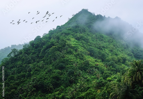 Flock of Birds Flying Over Misty Tropical Jungle Mountain Peak