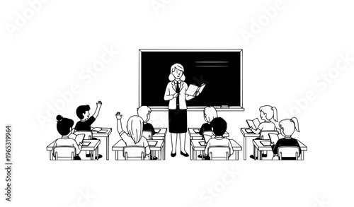 School teacher teaching students in classroom with books black and white flat vector education scene