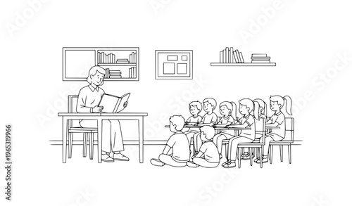 Teacher reading book to students in classroom black and white line art vector learning concept