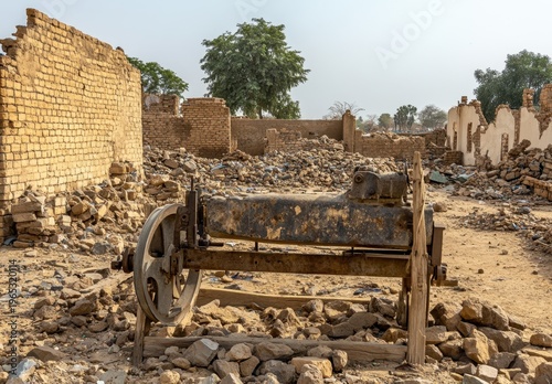 Abandoned Rusty Machine Amid Rubble and Destroyed Brick Buildings in Arid African Village