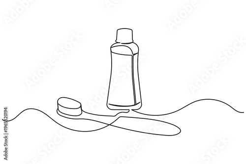 Continuous one line drawing of a mouthwash bottle and a toothbrush for daily oral healthcare