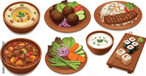 Flat vector illustration collection of medical and laboratory equipment featuring microscopes, stethoscopes, test tubes, syringes, pills, and first aid kits.