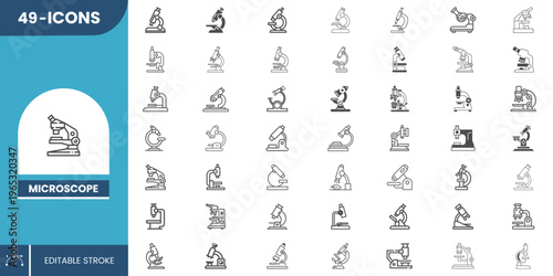 Microscope Icon Set – Modern Editable Icons for Science Labs, Research Equipment, Biology Studies and Healthcare.