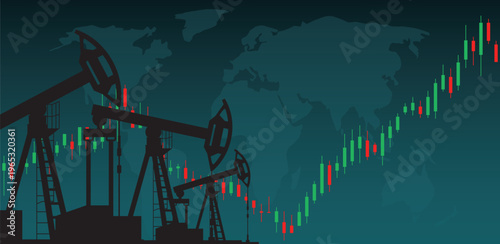 Silhouettes of oil pumpjacks against world map with rising candlestick chart, dark teal background. Concept of oil market growth and global energy trading. Vector illustration