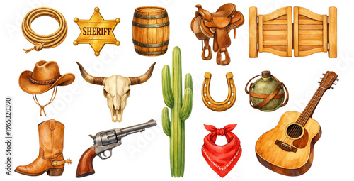 Watercolor western cowboy collection illustration, rustic ranch elements with saddle boots hat cactus and sheriff badge isolated on white background.