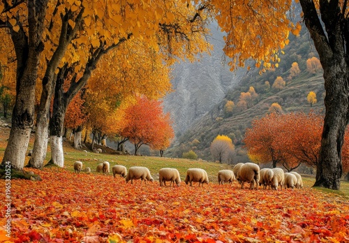 Flock of Sheep Grazing in Vibrant Autumn Mountain Valley Covered in Fallen Leaves