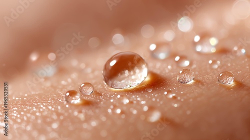Cosmetic serum droplet on skin with clear cosmetic serum droplet bubbles and a professional cosmetic serum droplet texture for beauty.Water droplets on smooth skin surface.