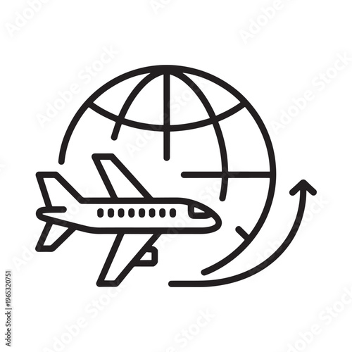 A simple line drawing depicts an airplane flying around the globe