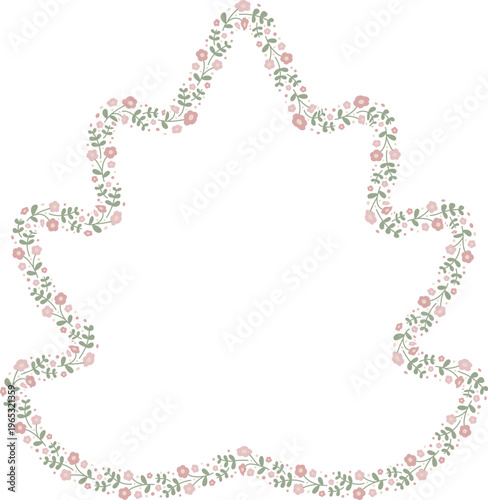 Ditsy floral lobed leaf frame template with small flowers, vector isolated, spring illustration.