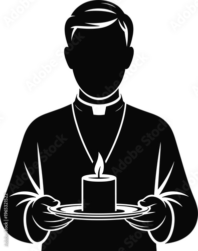 Silhouette of catholic priest holding a burning candle on plate, religious spiritual prayer ceremony