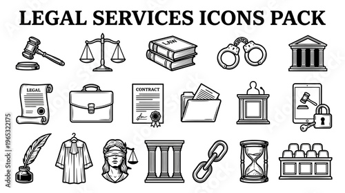 Collection of detailed black and white vector icons representing various essential legal services and court concepts clearly displayed.