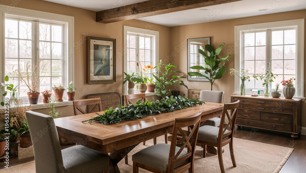 Fototapeta premium Bright Cozy Dining Room with Large Windows and Indoor Plants in Natural Light