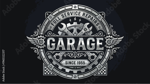 Repair Event, Garage Services, Local Area, Graphic Design, Industrial Environment, Close-Up View, Vintage Concept