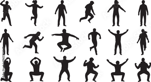 Collection of human silhouettes in various dynamic poses and movements
