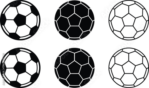 A set of six soccer balls in various line art designs and vector silhouettes for use in sports concepts and graphic design