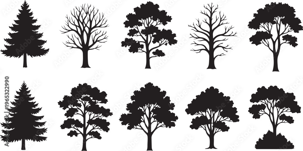 Fototapeta premium Collection of tree silhouettes in various shapes and sizes for icon and line icon use