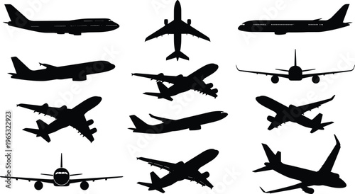 A set of black silhouette airplanes in various flying positions, showcasing a bundle of vector designs for travel and aviation concepts.