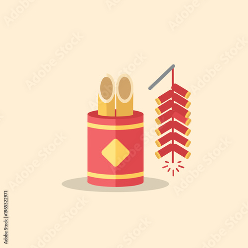 Vibrant red Chinese firecracker and drum with golden accents, traditional festive graphic illustration