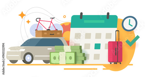 Travel vacation budget money planning concept vector modern graphic illustration design, road trip schedule calendar with car and suitcase luggage, holiday summer adventure time drawn clip art
