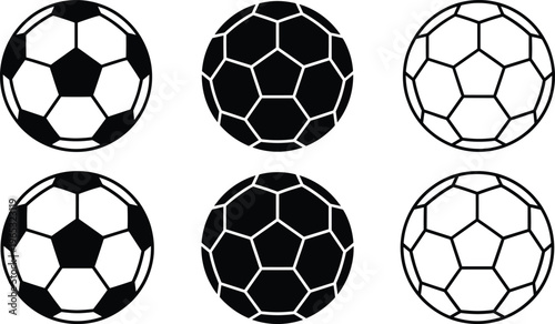 A set of six soccer balls in various line art designs and vector silhouettes for use in sports concepts and graphic design