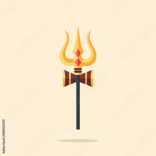 Ancient Hindu trident symbol with golden flames and ornate handle design