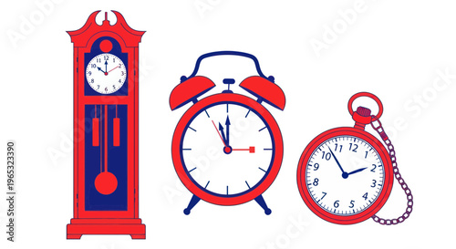 Vintage and Modern Timepieces: Grandfather Clock, Alarm Clock, Pocket Watch