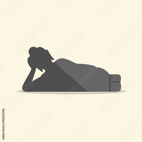 A woman lies on her side on the floor in a relaxed pose, propped up on her elbow, with her head resting on her hand in a vector graphic illustration.