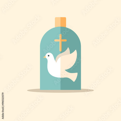 A white dove flies out of a teal dome with a golden cross, symbolizing peace and spirituality in a sacred space.