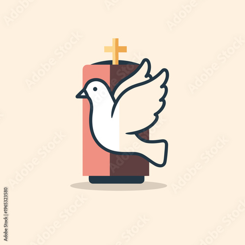 A white dove flies out of a brown and pink book with a gold cross on top, symbolizing spiritual freedom and peace in a vector graphic illustration.