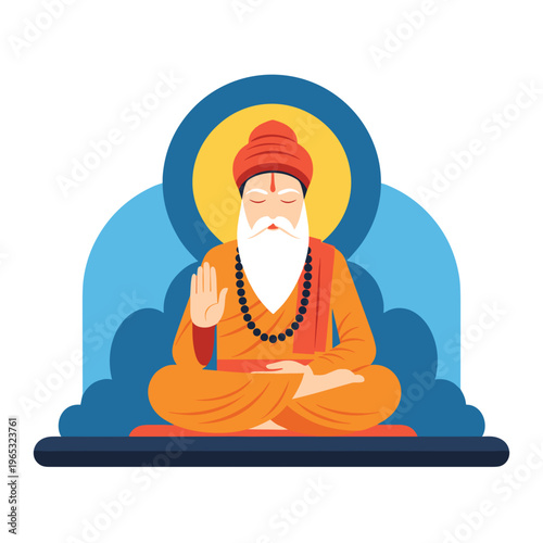 Serene Sikh guru meditates in traditional orange robes and turban