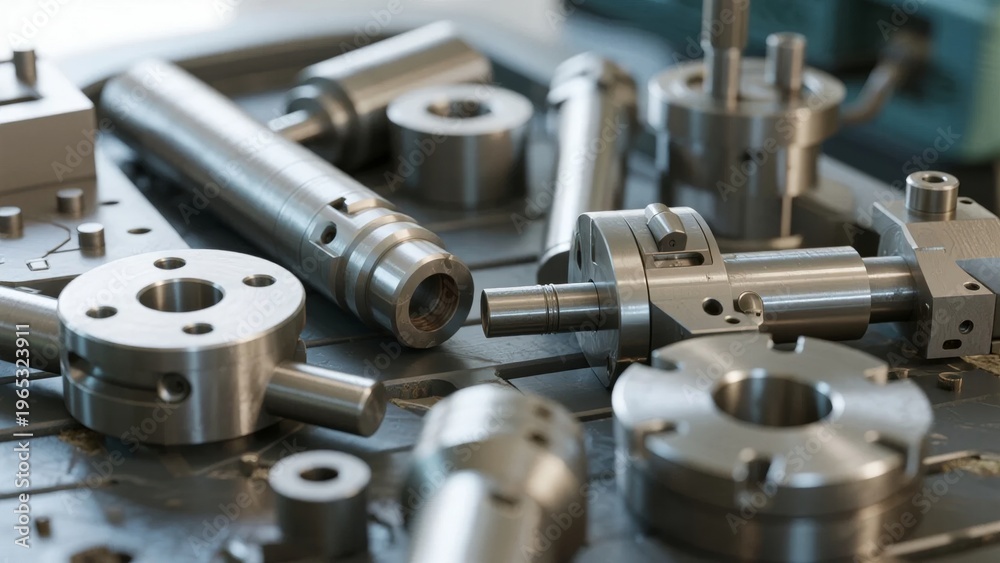 Naklejka premium Close-up of precision-machined metal components on a workbench