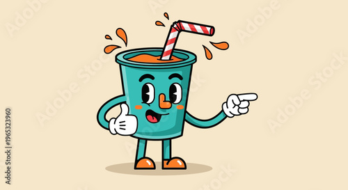 Cute Cartoon Drink Cup Character Pointing and Giving Thumbs Up.