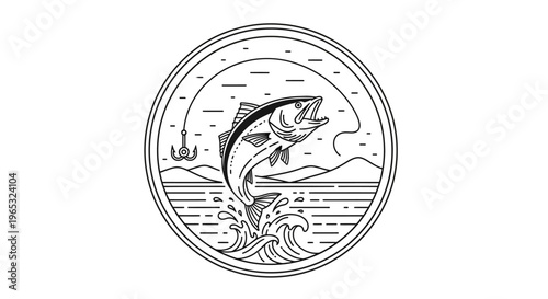 Dynamic Bass Fish Leaping from Water with Fishing Hook Line Art.