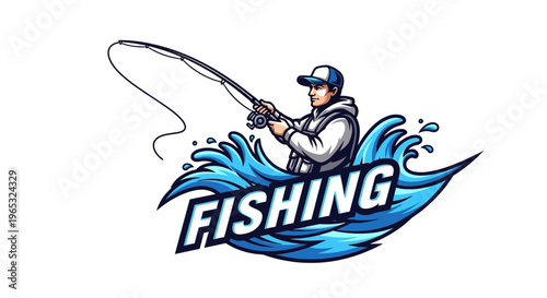 Dynamic Fishing Logo with Angler and Crashing Waves.
