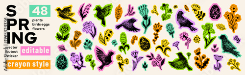 Hand drawn spring flowers and birds sticker collage in crayon pastel style. Cute floral doodle elements for Easter greeting cards, children stickers or garden designs. Cutout spring kid collage set