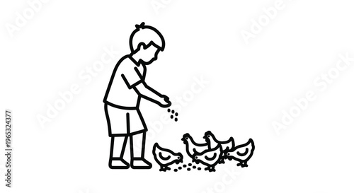 Boy feeding chickens depicted in a simple minimalist silhouette