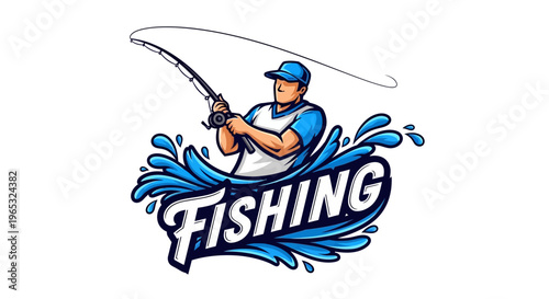 Dynamic Fishing Logo with Angler and Splashing Water Design.