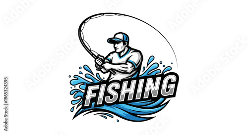 Dynamic Fishing Logo with Angler and Splashing Water.