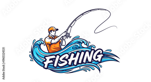 Dynamic Fishing Logo with Angler Casting Line on Blue Waves.