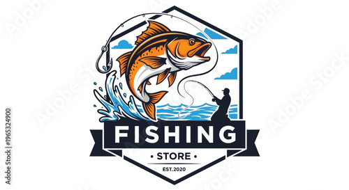 Fishing Store Logo with Jumping Fish and Angler Silhouette.
