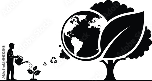 Man Watering Small Plant With Recycle Icons Transforming Into Large Earth Tree Silhouette For Environmental Protection And Global Sustainability Concepts