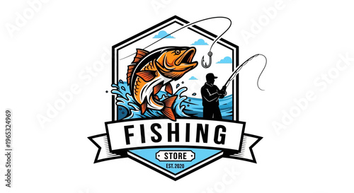 Fishing Store Logo with Jumping Fish and Angler.
