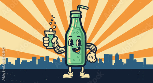 Happy Green Bottle Character Holding a Refreshing Glass of Drink.