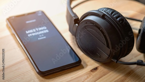[Hybrid work concept] Smartphone on wooden table showing 